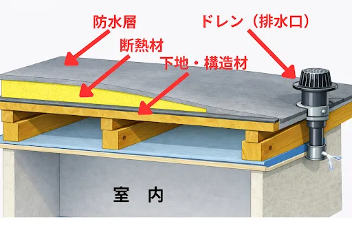 木造陸屋根の断面構造
