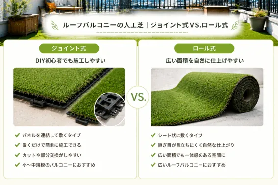 ルーフバルコニーの人工芝には「ジョイント式」と「ロール式」がある