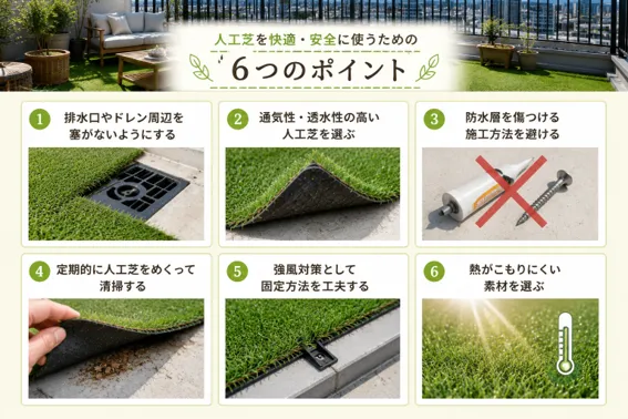 ルーフバルコニーに人工芝を敷く際の注意点