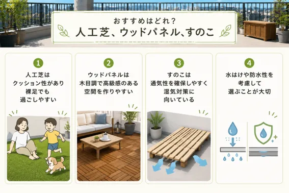 人工芝・ウッドパネル・すのこはどれがおすすめ？