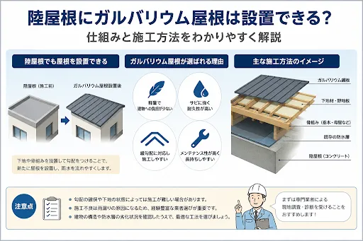 陸屋根にガルバリウム屋根は設置できる？仕組みと施工方法