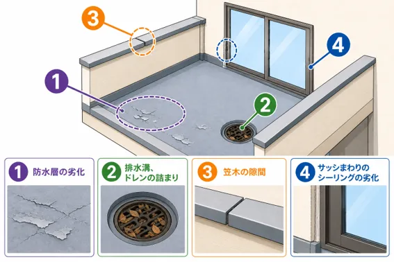 ベランダ・バルコニーで雨漏りが発生する原因
