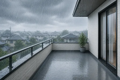 ヘーベルハウスのベランダ・バルコニーは防水シートで雨漏りを防いでいる